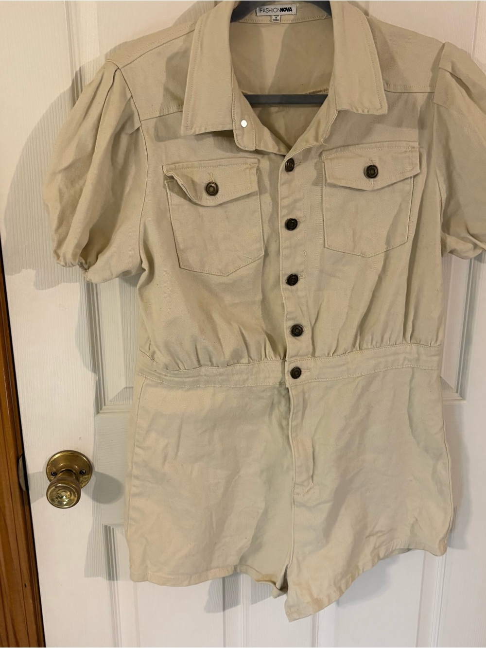 Women’s Fashion Nova Cream Button-Front Short Puff Sleeve Romper